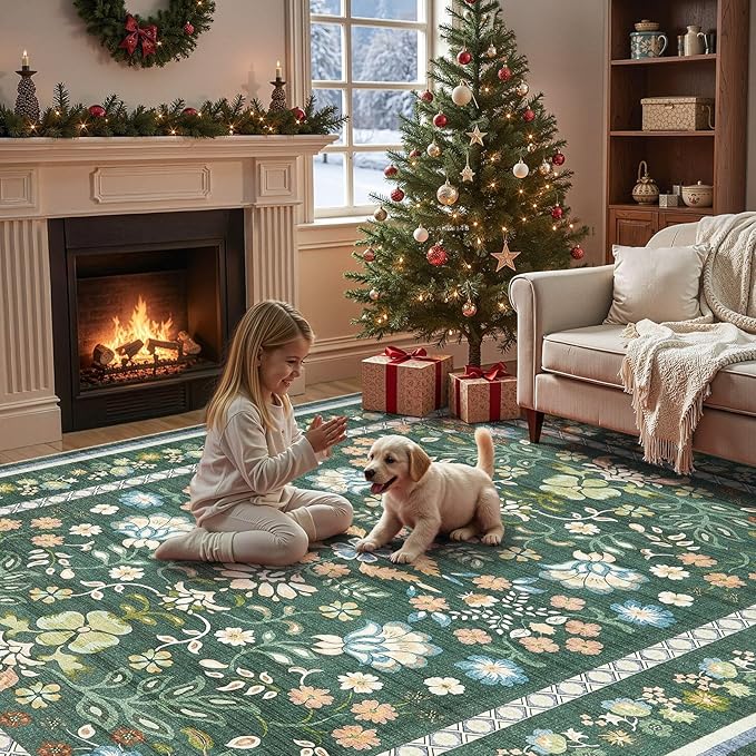 8x10 Area Rug Living Room Rugs - Washable Boho Vintage Floral Large Soft Non Slip Thin Rug Low Pile Carpet for Bedroom Dining Room Kids Playroom Office Decor Indoor- Green