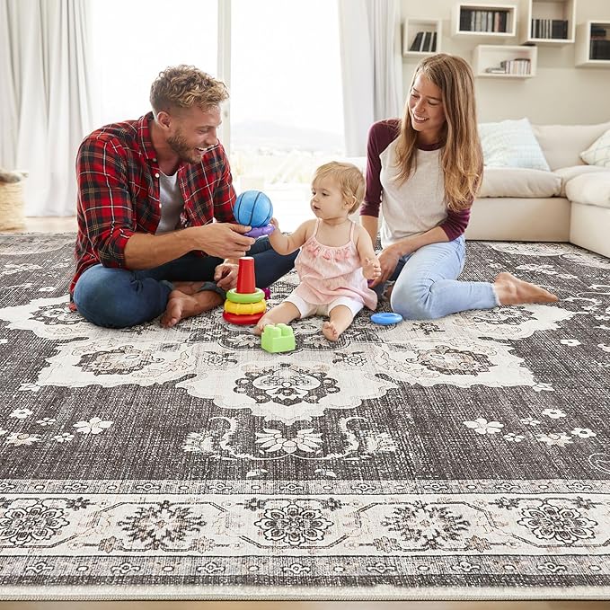 Area Rug for Living Room - 9x12 Soft Washable Oriental Vintage Floral Distressed Large Carpet - Fade Stain Resistant Non Slip Rugs for Bedroom Dining Room Nursery Dorm Office Home Decor - Brown/Grey