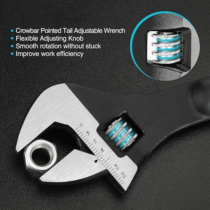 DURATECH 3-Piece Adjustable Construction Spud Wrench Set, 8-inch, 10-inch, 12-inch, Black Oxide Finish, CR-V Steel, SAE and Metric Scale Marked, Alignment Holes and Tail Crowbar Features