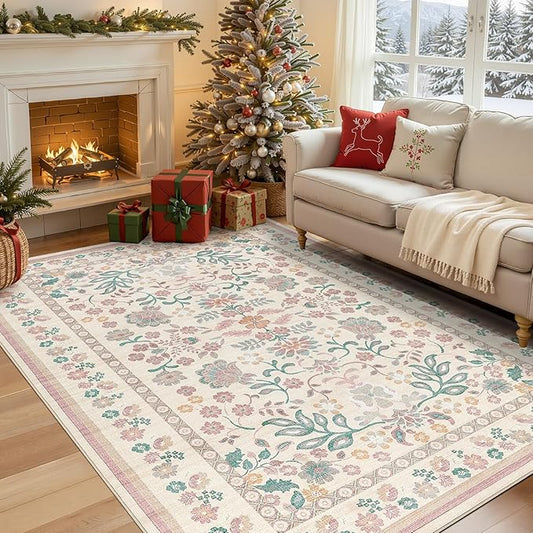 5x7 Area Rug Living Room Rugs - Washable Boho Vintage Floral Large Soft Non Slip Thin Rug Low Pile Carpet for Bedroom Dining Room Kids Playroom Office Decor Indoor- Pink