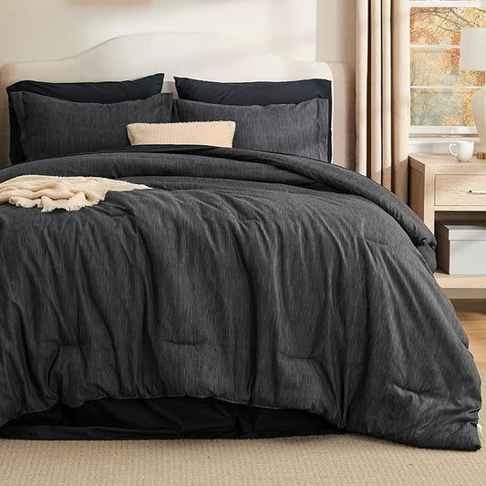Bedsure Full Comforter Set Black - Bed in a Bag Full Size Bedding 7 Pieces, Cationic Dyed Bed Set Gift for Family, Black Soft Bedding for All Seasons Comforter with Sheets, Pillowcases & Shams