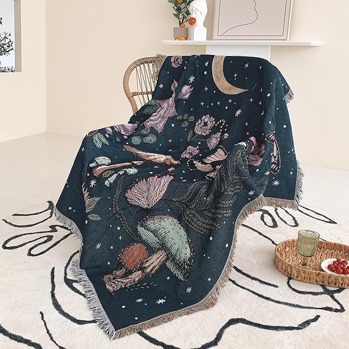 Boho Throw Blanket Reversible Cotton Bohemian Tapestry Hippie Room Decor Double Sided (Mushroom 50"x60")