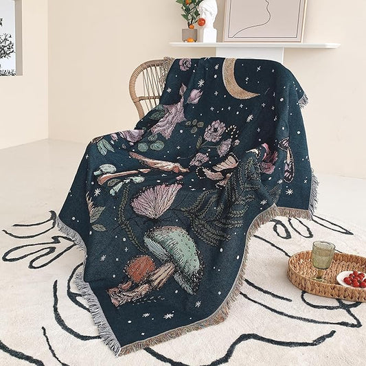 Boho Throw Blanket Reversible Cotton Bohemian Tapestry Hippie Room Decor Double Sided (Mushroom 50"x60")