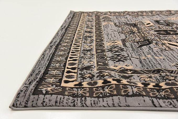 Unique Loom Taftan Collection Border Geometric Tribal Inspired Design Area Rug (7' 0 x 10' 0 Rectangular, Gray/ Black)