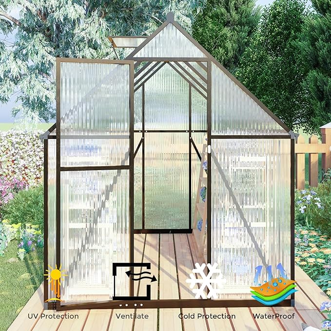 CQZY 6x8 FT Greenhouse for Outdoors, Polycarbonate Greenhouse with Quick Setup Structure and Roof Vent, Aluminum Large Walk-in Green House for Outside Garden Backyard, Dark Gray