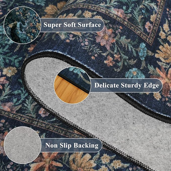 DUKINO 5x7 Area Rugs, Floral Washable Rugs for Bedroom with Non Slip Backing, Vintage Low Pile Indoor Floor Carpets for Bedroom, Living Room, Farmhouse, Home Office, Dining Room, Dark Blue