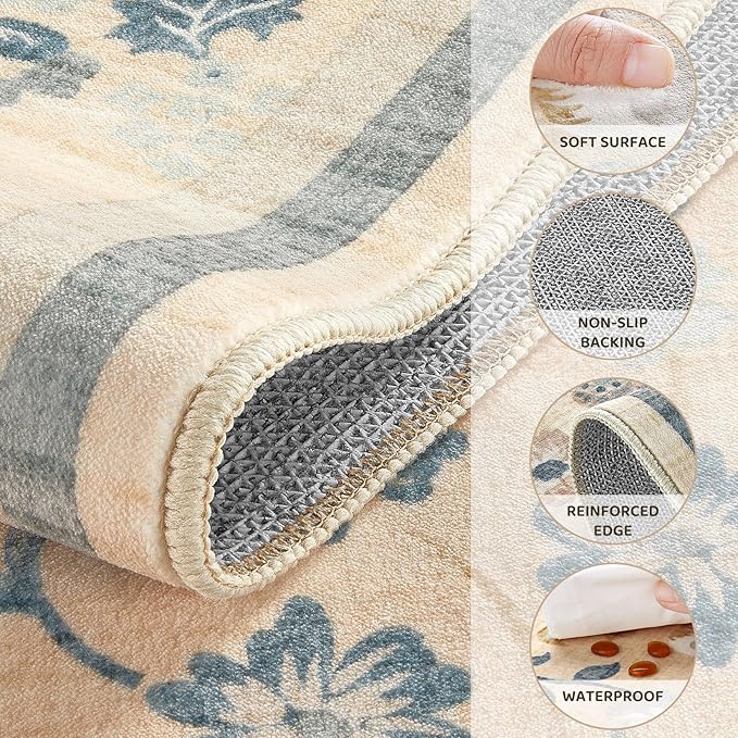 7x9 Area Rug Living Room Rugs - Washable Boho Vintage Floral Large Soft Non Slip Thin Rug Low Pile Carpet for Bedroom Dining Room Kids Playroom Office Decor Indoor- Multi Color