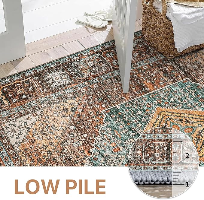 GENIMO 2x6 Runner Rugs for Hallway, Machine Washable Non Slip Vintage Rugs, Low Pile Lightweight Soft Print Rug for enrtyway, Corridor, Home Office, Kitchen, Vintage Brown/Blue