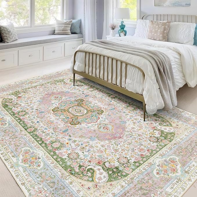 5x7 Area Rugs Washable,Pink Rug for Living Room Bedroom Kitchen,Large Boho Vintage Bohemian Distressed Carpet Non Slip,Blush Green