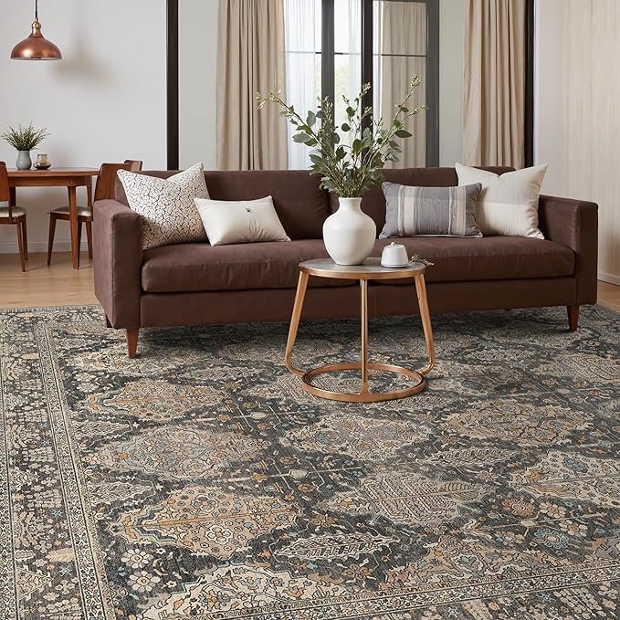 GENIMO 8x10 Area Rugs for Living Room, Machine Washable Non Slip Vintage Rugs, Low Pile Lightweight Chenille Print Rug for Bedroom, Dining Room, Home Office, Charcoal Tan