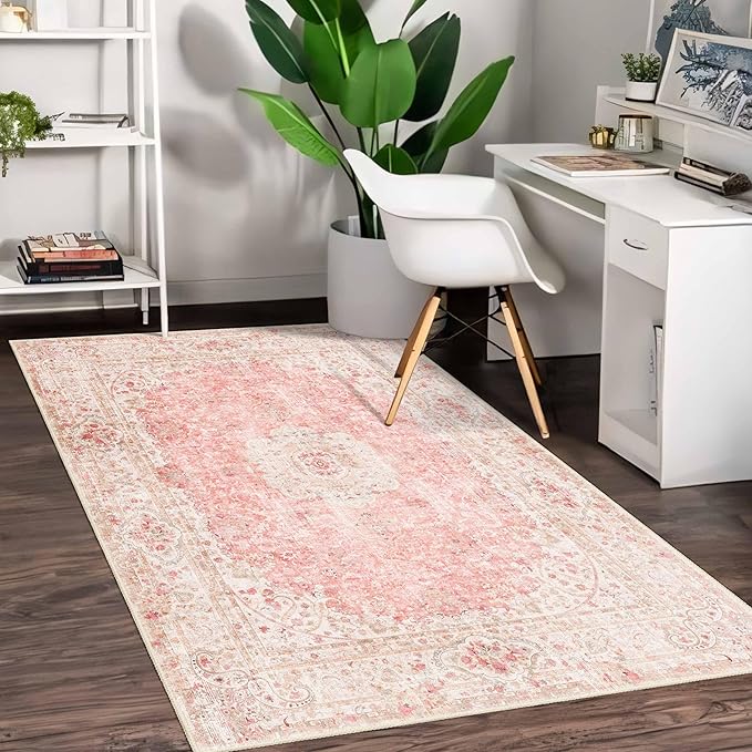Pink Rug 3x5,Washable Area Rugs for Bedroom Living Room Kitchen Entryway,Small Boho Vintage Bohemian Distressed Non Slip Carpet,Blush