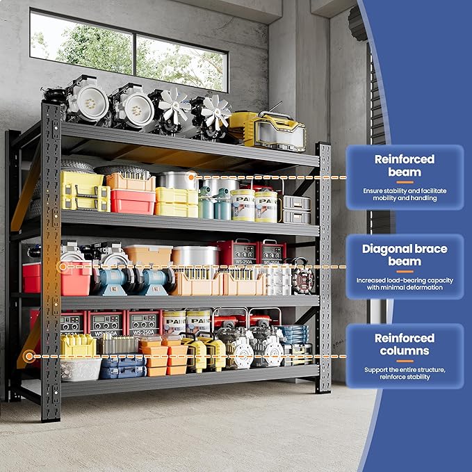 3000LBS Storage Shelves, 48" W Heavy Duty Garage Shelving Unit, Adjustable Industrial Shelving, 4 Tier Metal Shelving for Garage, Supermarket, Warehouse, 48" W x 24" D x 70" H