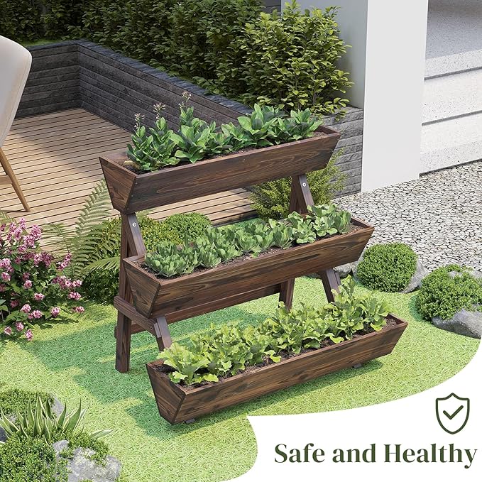 3-Tier Wooden Vertical Raised Garden Bed with Legs, Tiered Planter Box, Vertical Garden Planter,Wood Plant Stand Wood Flower Rack for Patio, Balcony, Freestanding. (Carbonized-Large)