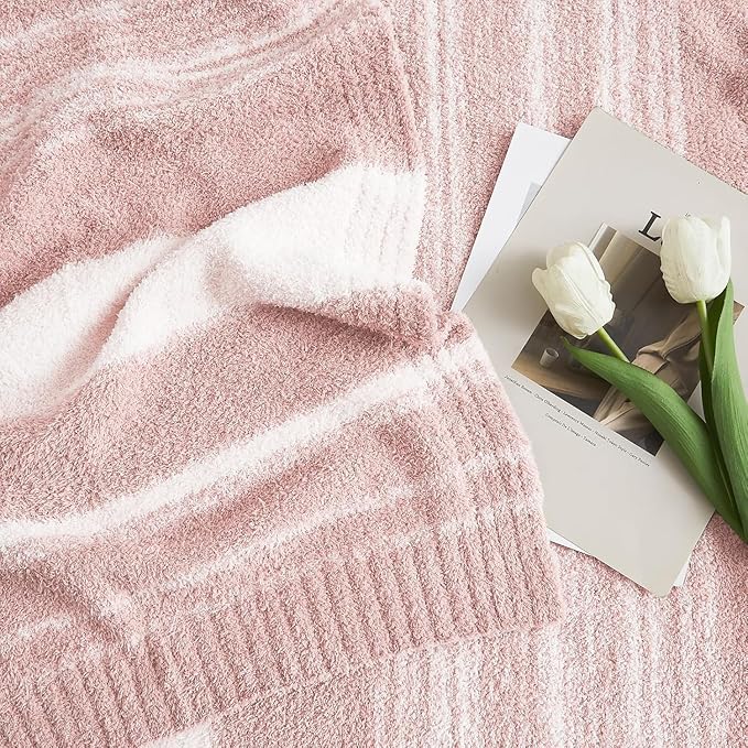 WRENGONGE Pink Twin Blanket, 60x80 Soft Cozy Microfiber Striped Twin Blankets for Couch, Sofa, Bed, Travel, Lightweight Fluffy Warm Plush Decorative Blankets for Women, Men,Kids Gift