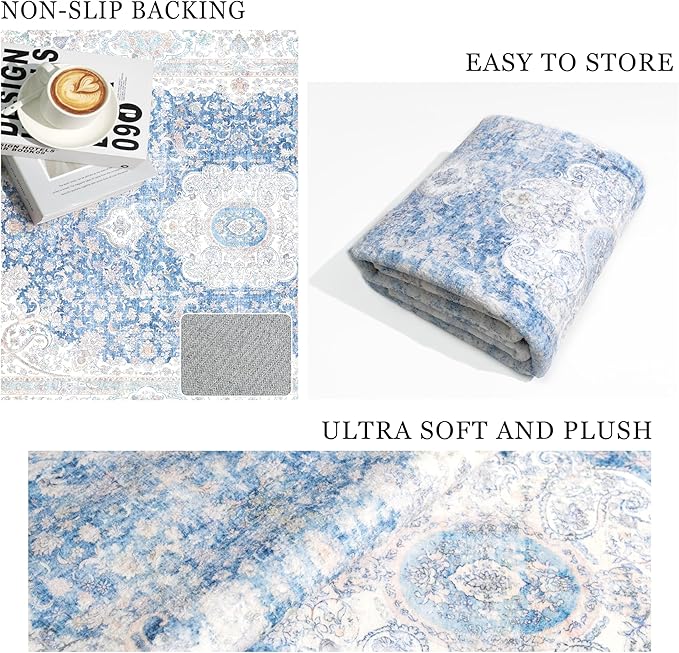 5x7 Area Rugs Washable,Blue Rug for Living Room Bedroom Kitchen,Large Boho Vintage Bohemian Distressed Carpet Non Slip,Floral