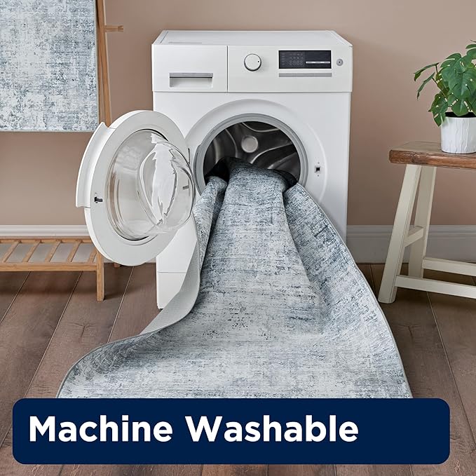 Wyatt & Ash Blue Hazen Abstract Imagine Printed Chenille 6'6" x 9'6" Non Skid & Machine Washable Area Rug