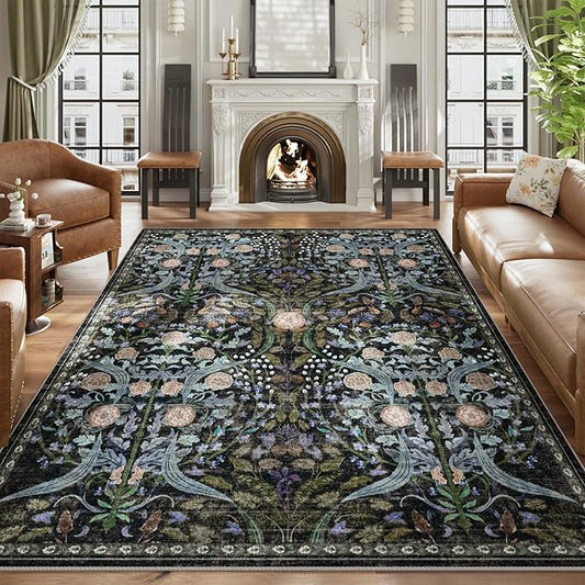 AMTOVO 8x10 Washable Area Rugs for Living Room, Non-Slip&Non-Shedding Large Soft Boho Floral Vintage Accent Print Carpet for Bedroom Dorm Dining Room Farmhouse Nursery Playroom Home Office, Black