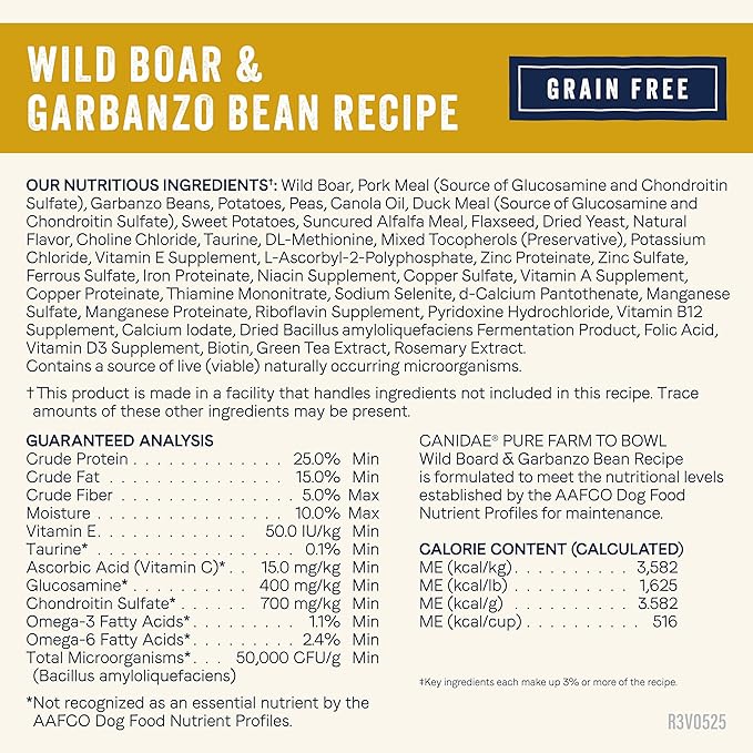 Canidae Pure Farm to Bowl Wild Boar & Garbanzo Bean, Grain-Free Dry Dog Food, Adult, 22lb