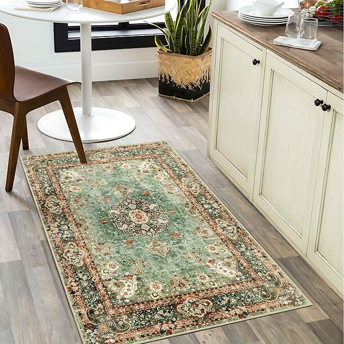 Small Rugs 2x3,Green Rug for Entryway Bathroom Bedroom Kitchen Entrance Doormat,Boho Vintage Bohemian Distressed Washable Oriental Accent Floor Throw Carpet Non Slip