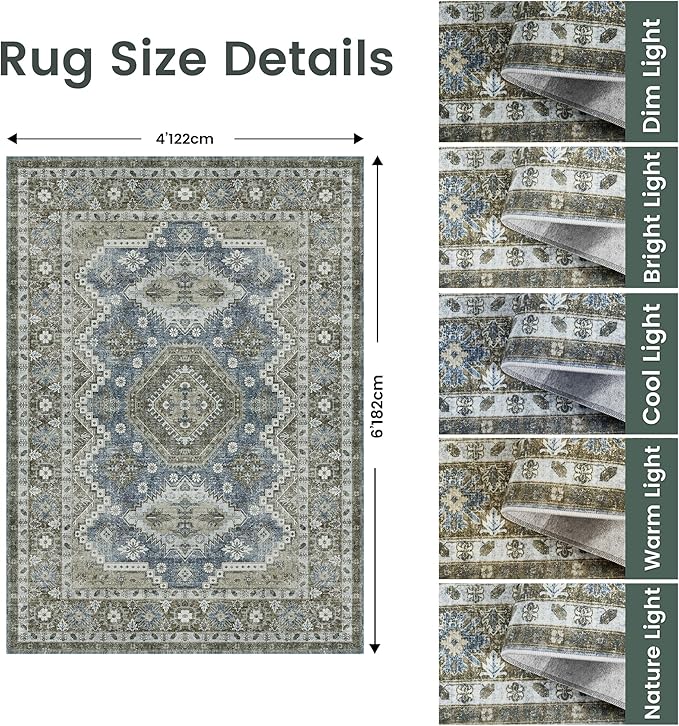 Rugland 4x6 Rug - Stain Resistant Washable Rug, Anti Slip Backing Rugs for Living Room, Vintage Tribal Area Rugs (TPR07-Green, 4'x6')