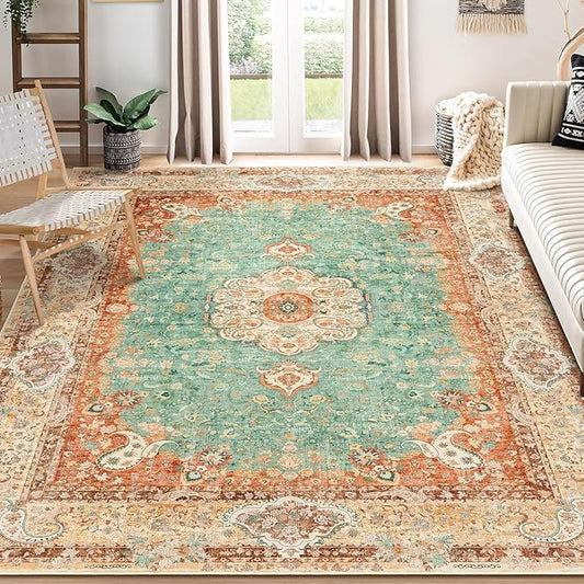 8x10 Area Rugs Washable,Boho Rug for Living Room Bedroom Dining Room,Large Vintage Bohemian Distressed Farmhouse Carpet Non Slip,Retro Orange Green Floral