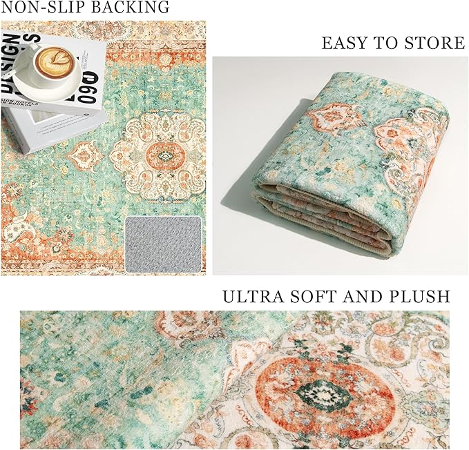 Washable Runner Rug 2x6,Boho Rug Runners Non Slip,Long Rugs for Hallways Kitchen Bedroom Entryway Bathroom,Vintage Bohemian Distressed Farmhouse Floor Carpet,Retro Orange Green Floral