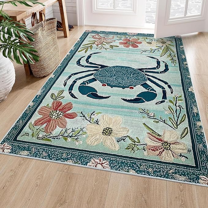 8x10 Crab Area Rugs Boho Teal Rug for Living Room Indoor Soft Non-Slip Thin Large Carpet Floral Flower Rugs for Bedroom Home Decor Under Table Washable Machine