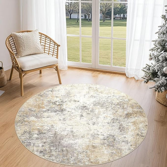 4ft Round Area Rug Living Room Rugs - 4x4 Washable Neutral Modern Abstract Soft Thin Rug Indoor Floor No Slip Rug Carpet for Bedroom Under Dining Table Home Office Decor - Golden Grey