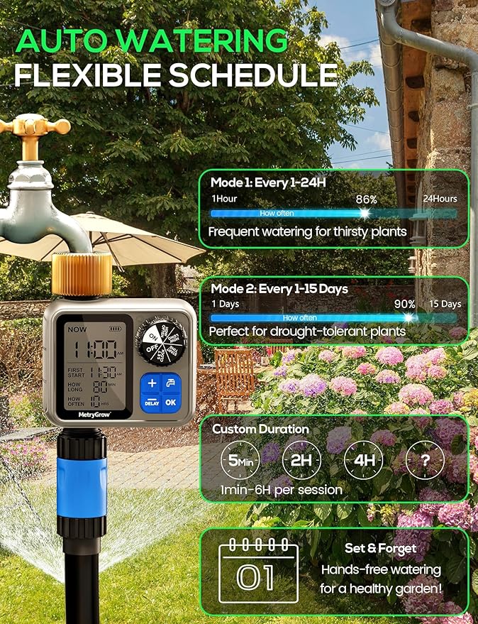 Sprinkler Irrigation Timer with Brass Inlet, Programmable Water Timer for Garden Hose, Automatic Watering System for Yard Lawn, Rain Delay