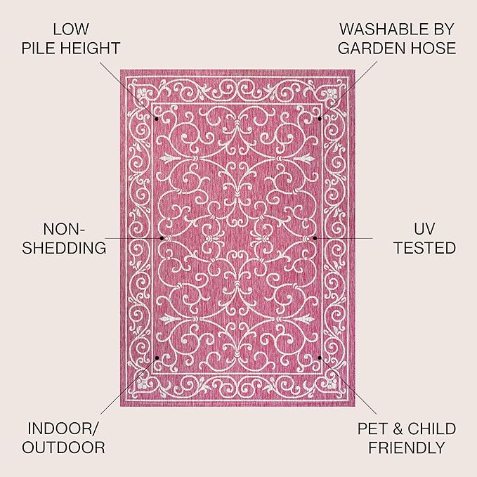 JONATHAN Y Vintage Filigree Indoor Outdoor Area Rug 4X6 Fuchsia/Light Gray, Charleston Textured Weave for Backyard, Patio, Porch, Easy-Cleaning, High Traffic, Pet-Friendly, Non-Shedding (SMB106J-4)