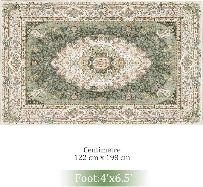 Green Rug 4'x6.5',Washable Area Rugs for Bedroom Living Room Kitchen Entryway,Small Boho Vintage Bohemian Distressed Non Slip Carpet,Floral