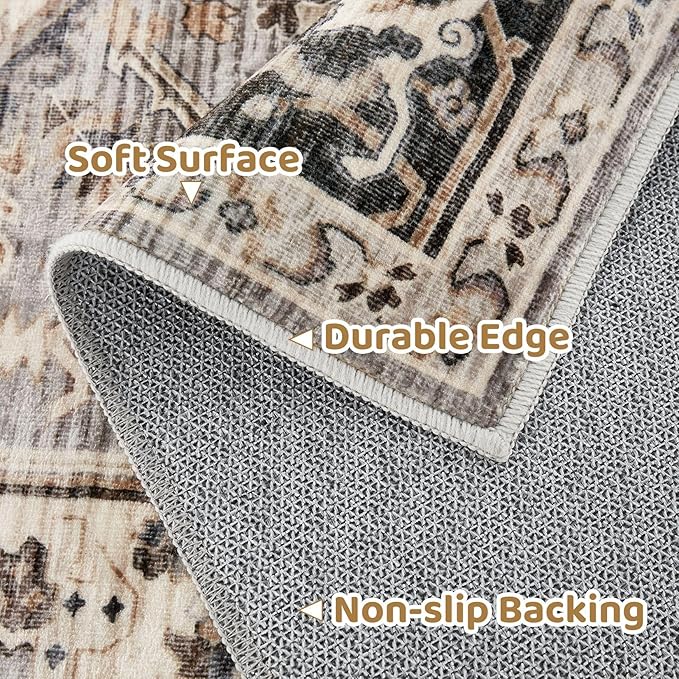 Area Rug for Living Room - 3x8 Soft Machine Washable Oriental Vintage Floral Distressed Large Indoor Floor Carpet for Bedroom Under Dining Table Home Office Decor - Brown