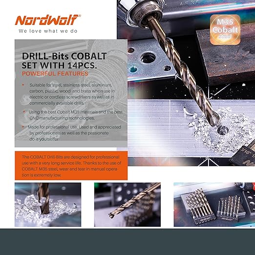 NordWolf 14-Piece M35 Cobalt Drill Bit Set for Stainless Steel, Hard Metals & Cast Iron, Jobber Length with 1/4" Hex Shank, SAE Sizes 1/16" to 1/4"