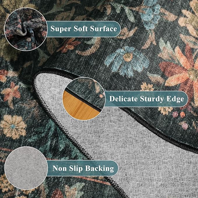 DUKINO 3x5 Area Rug, Vintage Floral Washable Rug for Bedroom with Non Slip Design, Soft Low Pile Indoor Small Carpet for Bedroom, Farmhouse, Living Room, Office, Bathroom, Blue