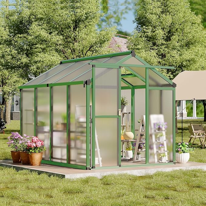 6x8 FT Greenhouse, Easy Assembly Aluminum Polycarbonate Greenhouses for Outdoors with Roof Vent, Large Aluminum Walk-in Greenhouse for Sunroom Patio, Backyard, Garden, Sliding Lockable Door, Green