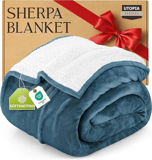 Utopia Bedding Sherpa Blanket Queen Size (Stone Blue, 90x90 Inches) - Soft Lightweight Plush Fleece Reversible Blanket for Bed, Sofa, Couch, Camping and Travel