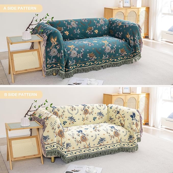 Boho 100% Organic Cotton Muslin Large Throw Blanket 60" x 80" - All Season Rustic Ultra Soft Breathable Floral Bird Blanket for Bed Sofa Couch Chair Bedspread Quilt Gift,-Teal,Beige