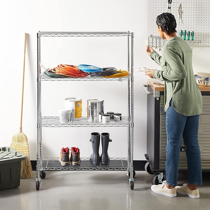 Amazon Basics 4-Shelf Adjustable, Heavy Duty Storage Shelving Unit with Wheels for Easy Assembly, for Garage or Kitchen Use, Metal Organizer Wire Rack, 36" L x 14" W x 57.8" H, Chrome