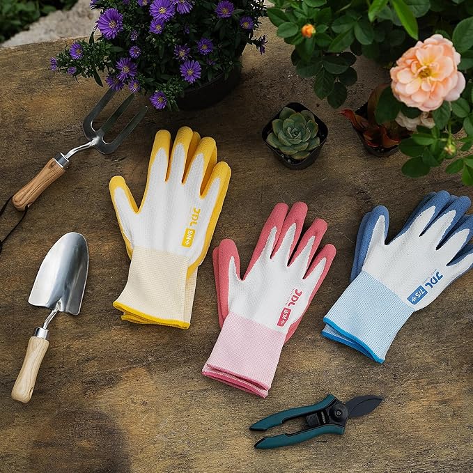 JDL Gardening Gloves for Women, 2 Pairs Breathable Latex Coated Yard Garden Gloves, Rubber Outdoor Protective Work Gloves with Grip, Blue, Large Size