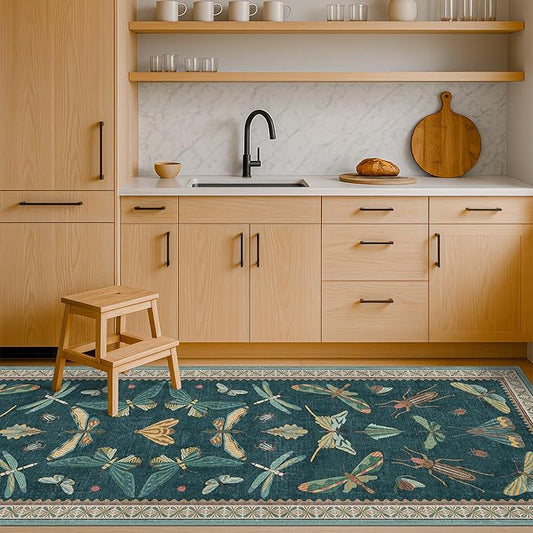 Brown and Green Kitchen Sink Runner Rug 2x5 - Teal Boho Bathroom Rugs for Entrance Indoor, Insect Print Floral Vintage Unique, Washable Non Skid Stain Resistant