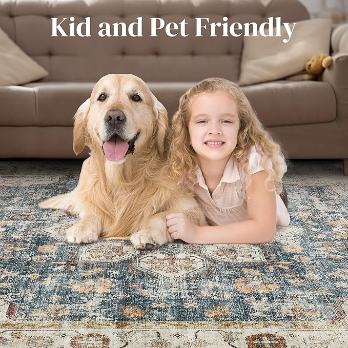 Area Rug for Living Room - 7x9 Soft Washable Oriental Vintage Floral Distressed Large Carpet - Fade Stain Resistant Non Slip Rugs for Bedroom Dining Room Nursery Dorm Office Home Decor - Blue Golden