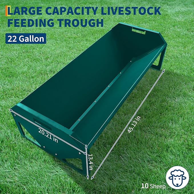 GarveeLife Livestock Feeding Trough, Heavy Duty Steel Livestock Trough for 10 Sheep Once, 22 Gallon Capacity 45.13" Hay Feeder for Horse, Goat, Sheep, Cattle, Cow, Alpaca, Dark Green