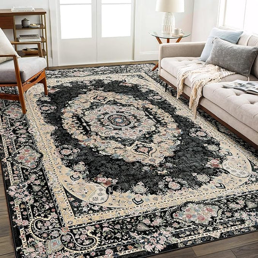 8x10 Area Rugs Washable,Black Rug for Living Room Bedroom Dining Room,Large Boho Vintage Bohemian Distressed Carpet Non Slip,Floral
