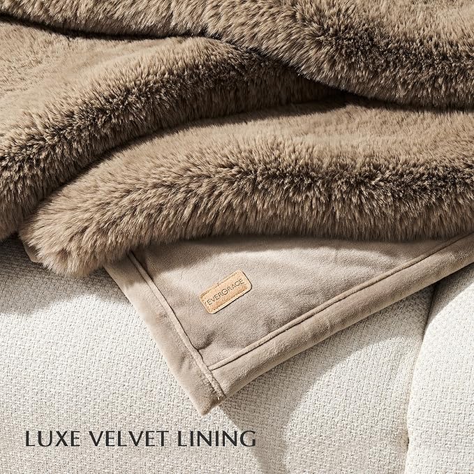 EVERGRACEHOME Luxury Soft Faux Chinchilla Fur Throw Blanket for Couch, Warm Thick Heavy Winter Throw Blanket 1220GSM for Bed, Fluffy Cozy Mink Blanket with Reversible Velvet, Tawny Mink, 50"x60"