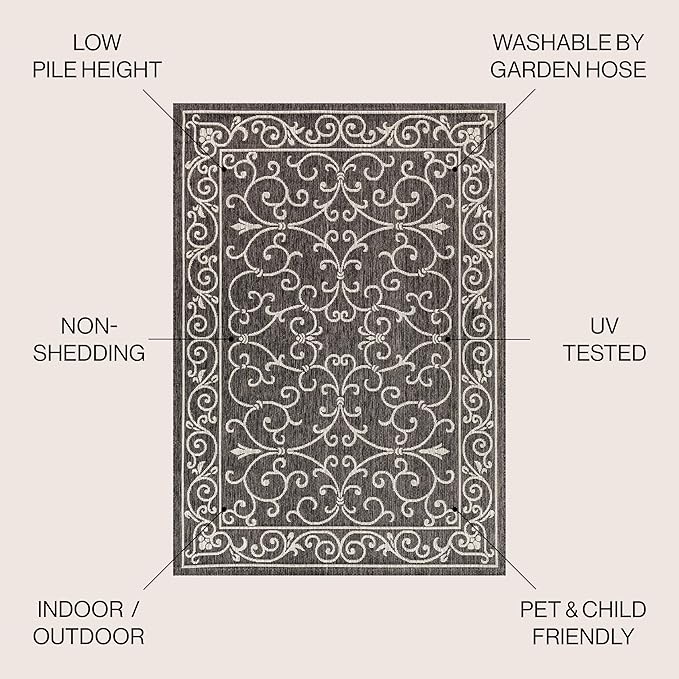 JONATHAN Y Vintage Filigree Indoor Outdoor Area Rug 6X9 Black/Gray, Charleston Textured Weave for Backyard, Patio, Porch, Easy-Cleaning, High Traffic, Pet-Friendly, Non-Shedding (SMB106G-6)