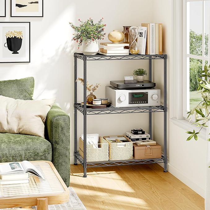 35.4''H Shelf 3 Tier Storage Shelves Metal Shelving,Adjustable Small Wire Shelving Unit,Utility Steel Shelving Organizer Storage Rack for Kitchen Bedroom Laundry Pantry Office,17.7''Wx11.8''D,Black