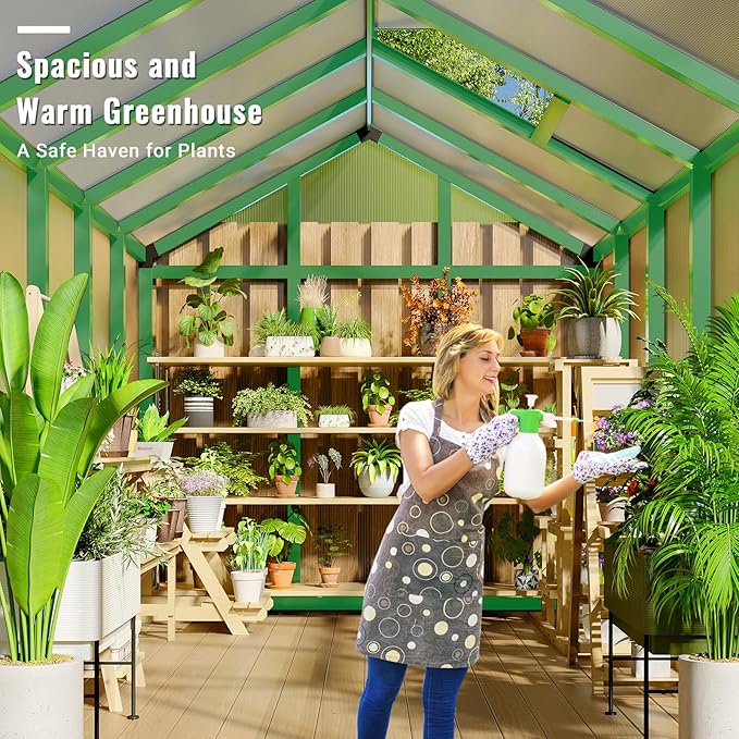 6x10 FT Greenhouse, Easy Assembly Aluminum Polycarbonate Greenhouses for Outdoors with Roof Vent, Large Aluminum Walk-in Greenhouse for Sunroom Patio, Backyard, Garden, Sliding Lockable Door, Green
