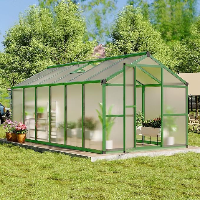 8x12 FT Greenhouse, Easy Assembly Aluminum Polycarbonate Greenhouses for Outdoors with Roof Vent, Large Aluminum Walk-in Greenhouse for Sunroom Patio, Backyard, Garden, Sliding Lockable Door, Green