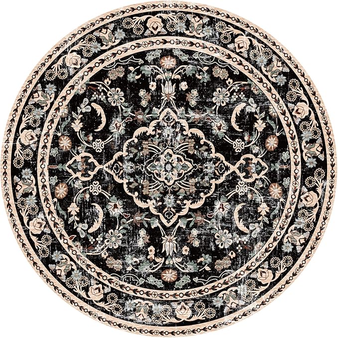 Vhong Boho Area Rugs Vintage Washable Modern Neutral Carpet Black and Brown 9×9 High Traffic Round Rugs for Dinning Room Living Room Bedroom Farmhouse Non Slip