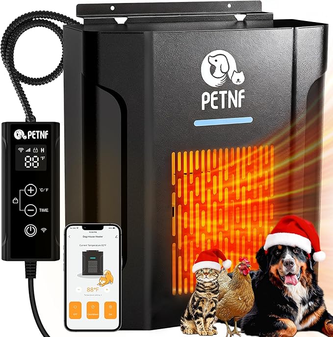 Dog House Heater – 45℉ to 113℉ Thermostat Controlled Pet House Heater with Wifi Remote App Control 300W Fast Heating Energy Saving Eco Mode Safe for Outside Dog House Winter Chicken Coop